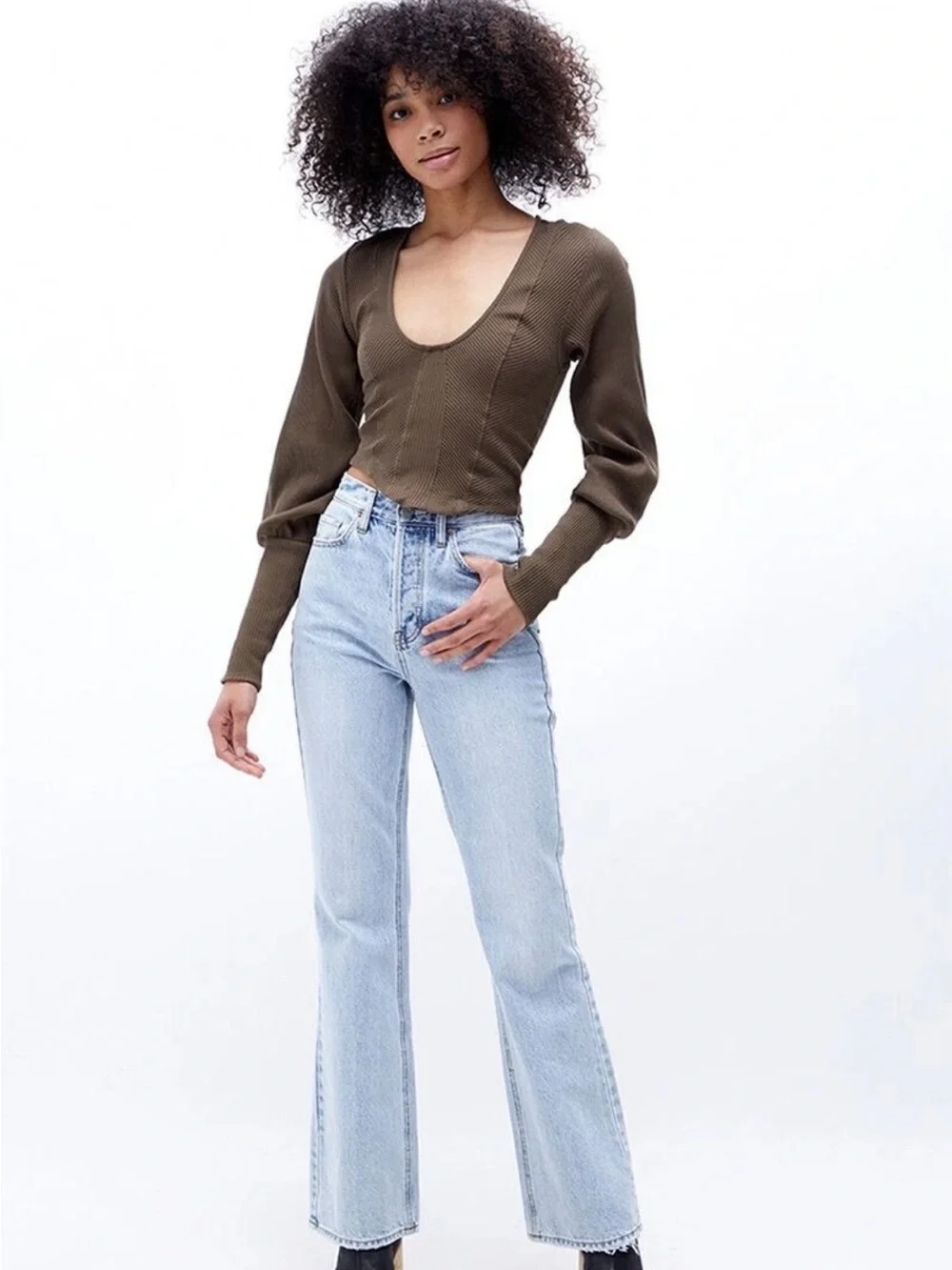 Free People Brown Ribbed Scoop-Neck Women's Top
